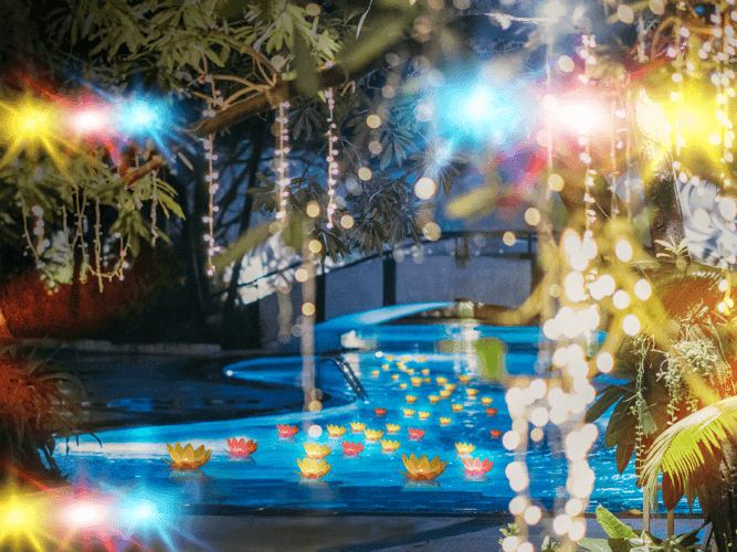  A vibrant pool illuminated by colorful lights, featuring playful ducks swimming gracefully in the water.