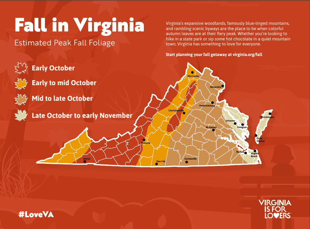 Colorful map of peak fall foliage used by the Inn at Willow Grove