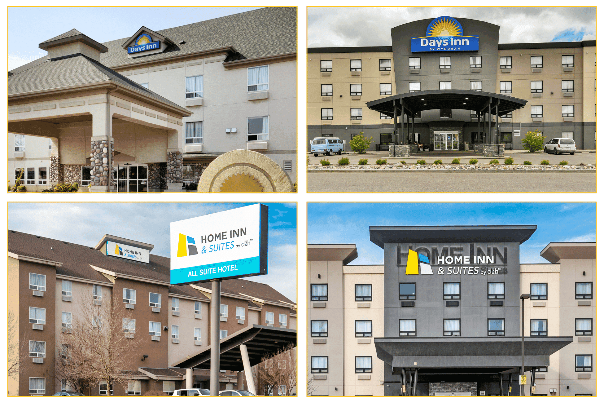 Photograph collage showing four different hotel buildings, two branded as Days Inn and two as Home Inn & Suites, highlighting exterior designs and signage. Each building features distinct architectural styles with visible logos and clear blue sky or cloudy backgrounds, emphasizing brand identity and hotel appearance.