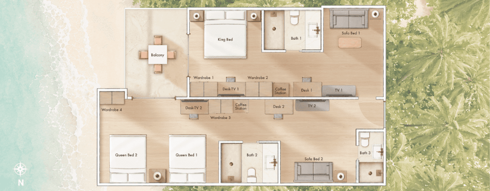 Floorplan of 2 Bedroom Queen Double Partial Ocean View Suites 