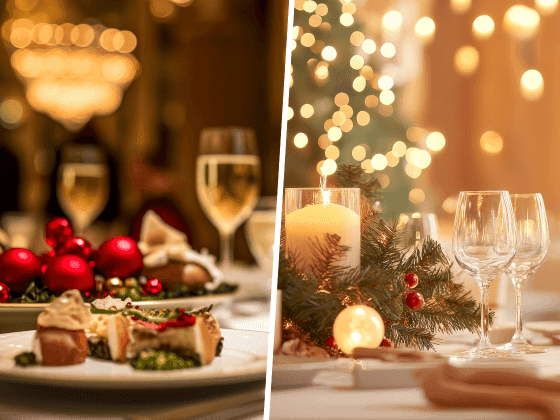 Collage de dos imágenes de mesas decoradas para cena con velas y copas de vino.