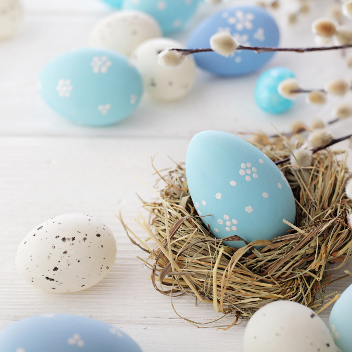 Blue Easter Eggs on white table with birds nest at ICONA Avalon
