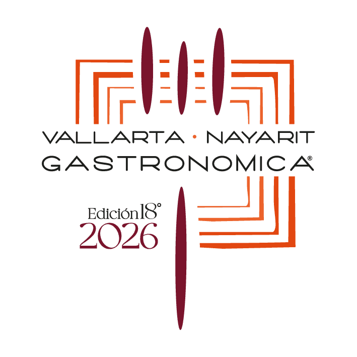 Logo del evento Vallarta Nayarit Gastronómica 2026 con diseño geométrico en naranja y vino sobre fondo negro