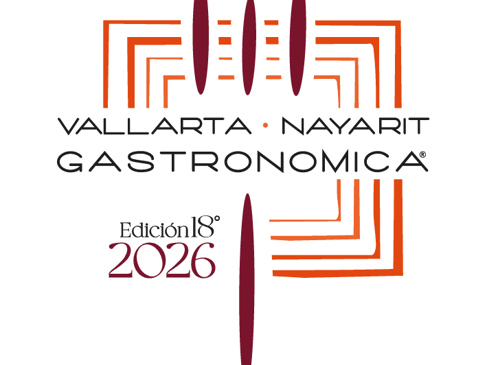 Logotipo de Vallarta Nayarit Gastronómica edición 18° 2026 con elementos geométricos en naranja y vino sobre fondo negro