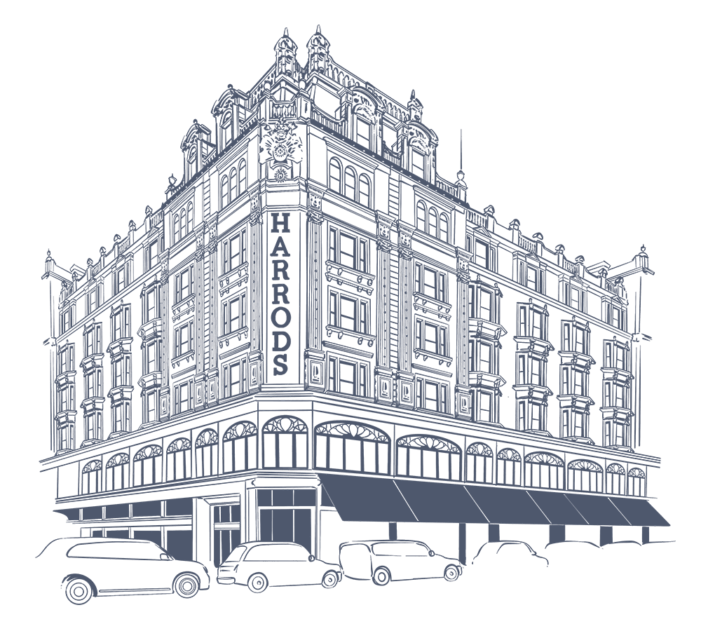 Artistic line drawing of a Harrods with cars parked by the street near The Capital Hotel, Apartments and Townhouse