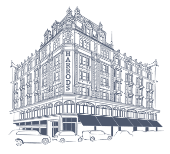 Artistic line drawing of a Harrods with cars parked by the street near The Capital Hotel, Apartments and Townhouse
