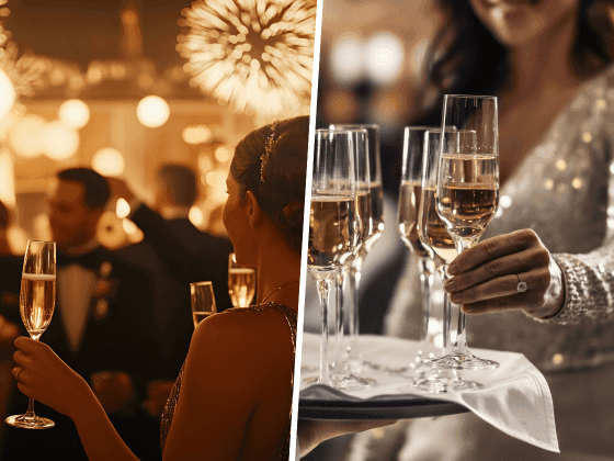 Split image showing a party with champagne and a server carrying champagne glasses on a tray.
