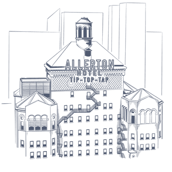 Line art of the Allerton Hotel for Tip-Top-Tap at Warwick Allerton Chicago.