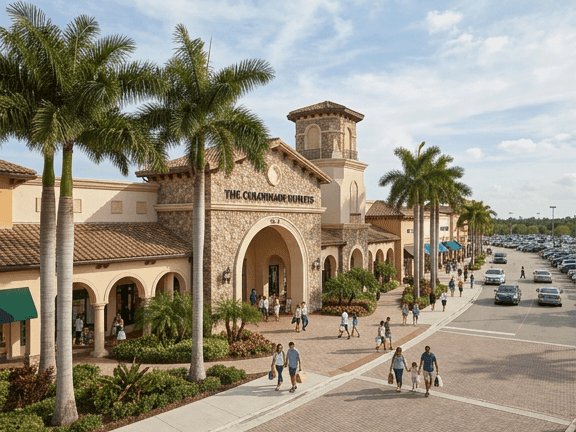 Sawgrass Mills Shopping Mall outdoor retail complex storefronts and walkways near The Atlantic Hotel & Spa