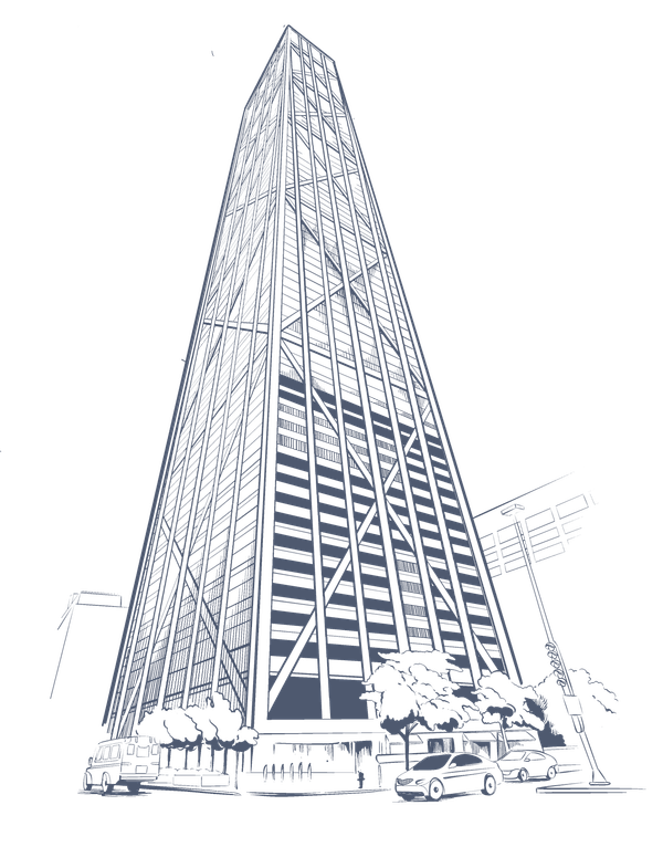 Silhouette of a tall triangular building at night with cars and trees at Warwick Allerton Chicago.