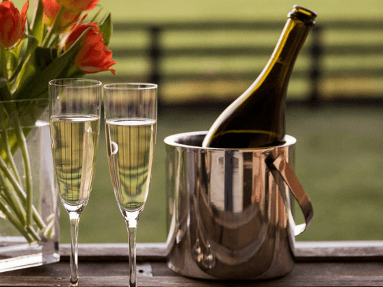 Two champagne glasses and a bottle in an ice bucket at the inn at Willow grove