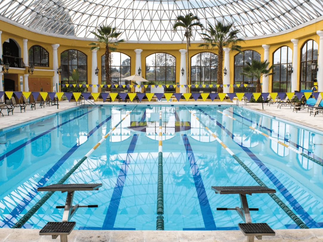 Elegante piscina interior con carriles bajo un gran techo de cúpula de cristal, rodeada de columnas y palmeras, en un entorno lujoso