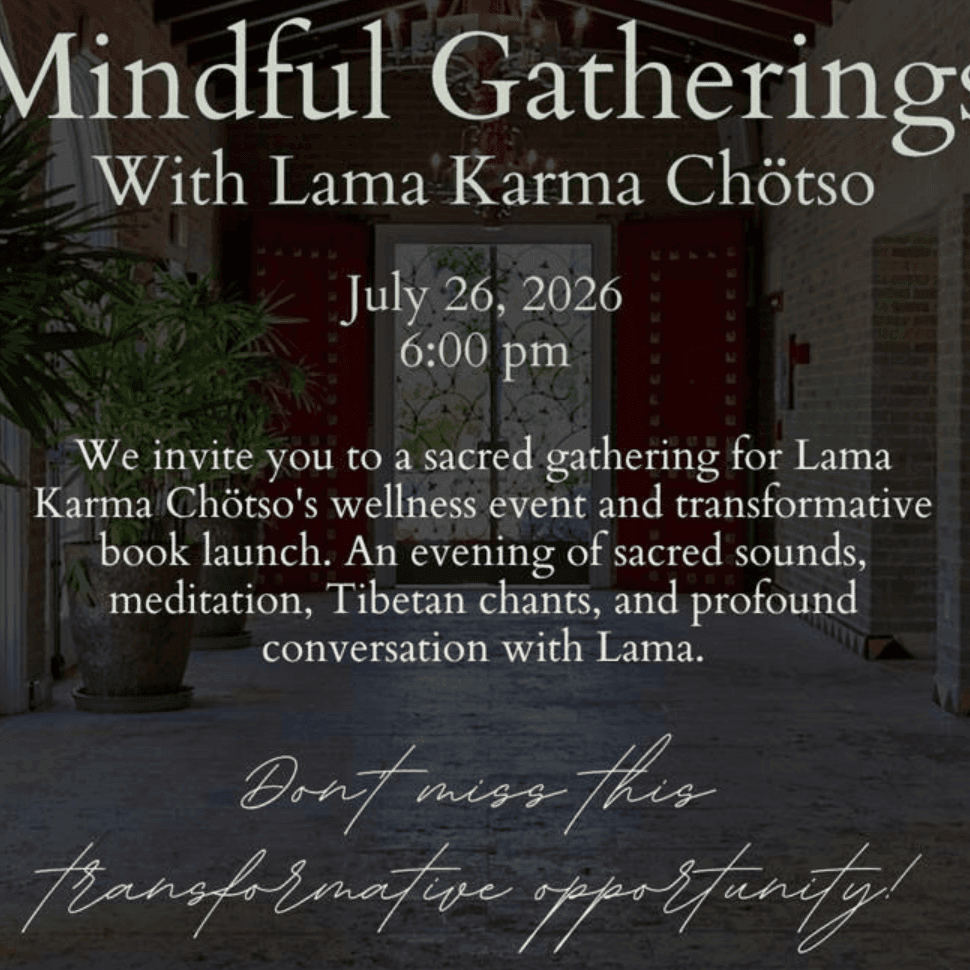 Elegant hotel entrance with ornate double doors and potted plants promoting a wellness event with meditation and chants.