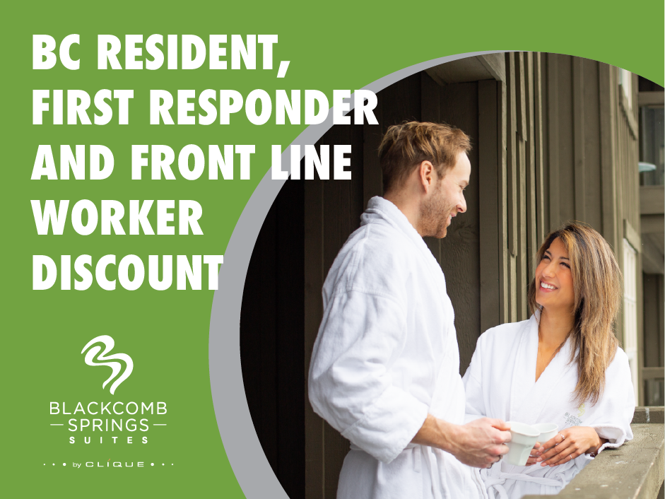Bc Resident, First Responder & Frontline Worker Discount offer poster used at Blackcomb Springs Suites