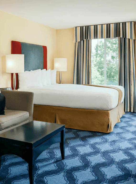 Comfy king bed with city view in Executive King Non-view room of Plaza Inn & Suites at Ashland Creek​