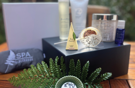 Close-up of spa amenity hamper at Alderbrook Resort & Spa