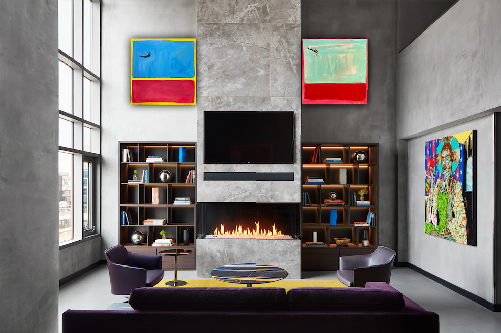 Livingroom with a couch, tv, bookshelves, painting and a fireplace in Poliform Penthouse at Gansevoort Meatpacking NYC