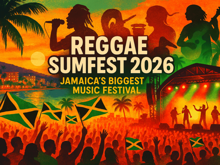 Reggae Sumfest promo banner showing musicians and crowd waving Jamaican flags at concert near Jamaica Pegasus Hotel