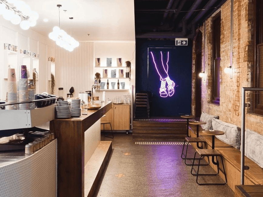 coffee machine and seats with LED feature on the backwall