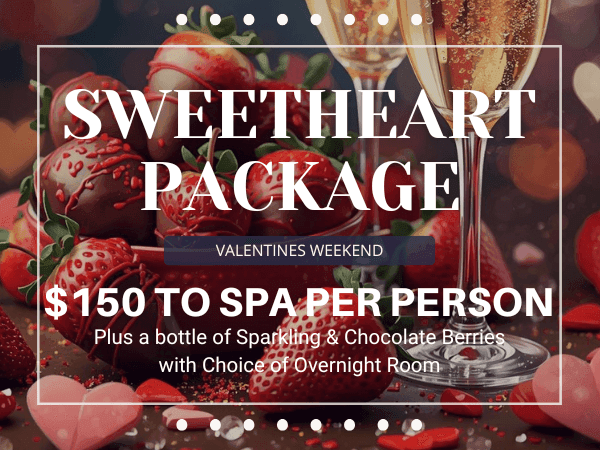 color photo of champagne and chocolate strawberries with promo details