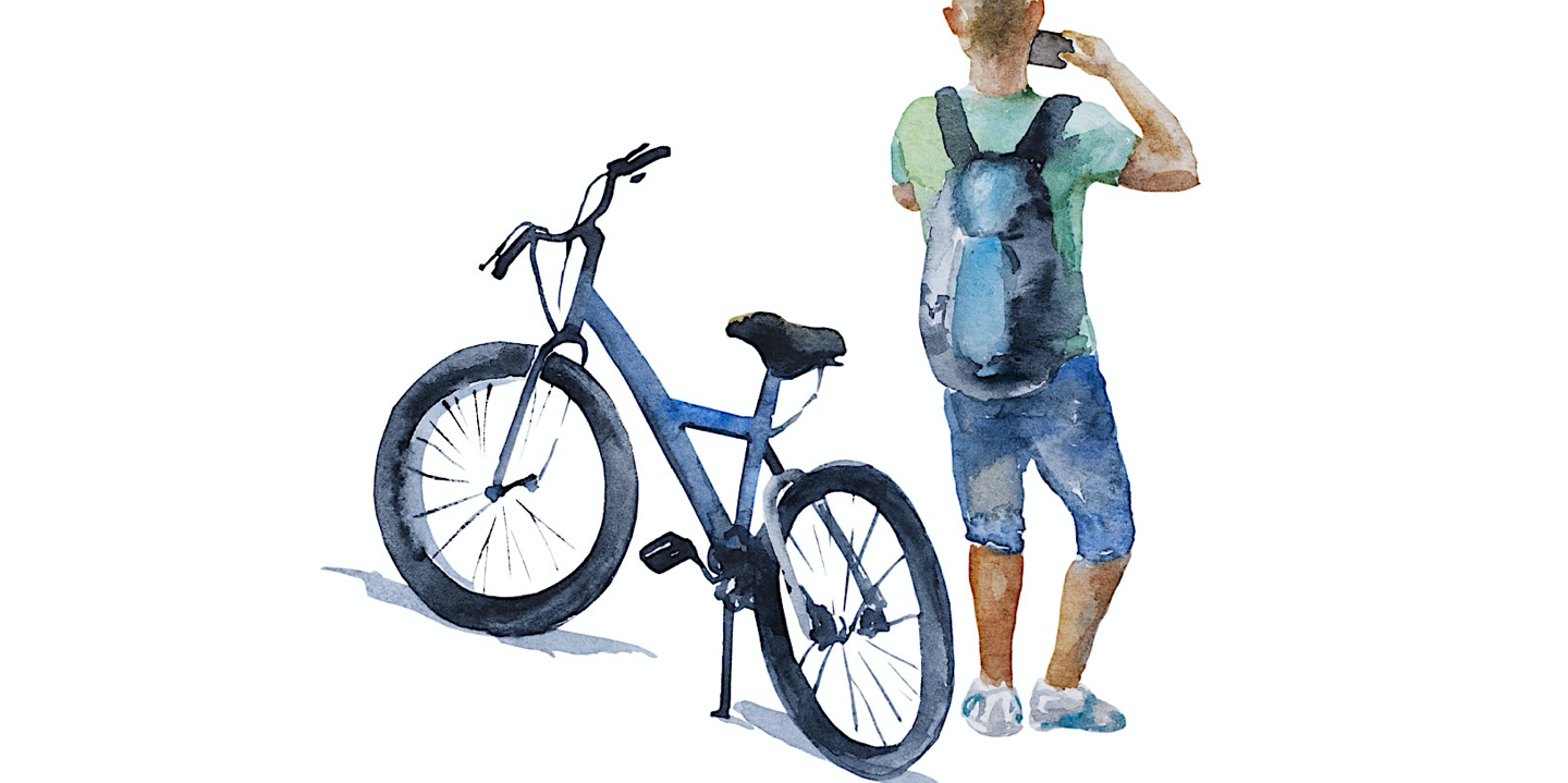 Watercolor illustration of a person with a backpack taking a photo next to a bicycle used at El Prado Hotel