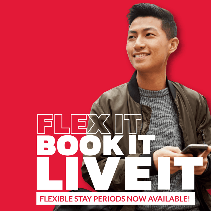 Male student against red background with promotional text about flexible booking options at UniLodge Park Avenue.