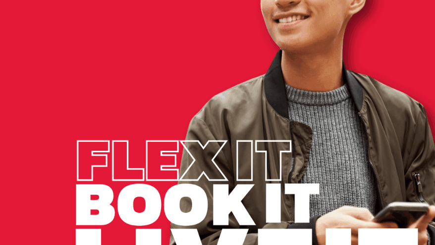 Male student against red background with promotional text about flexible booking options at UniLodge Park Avenue.