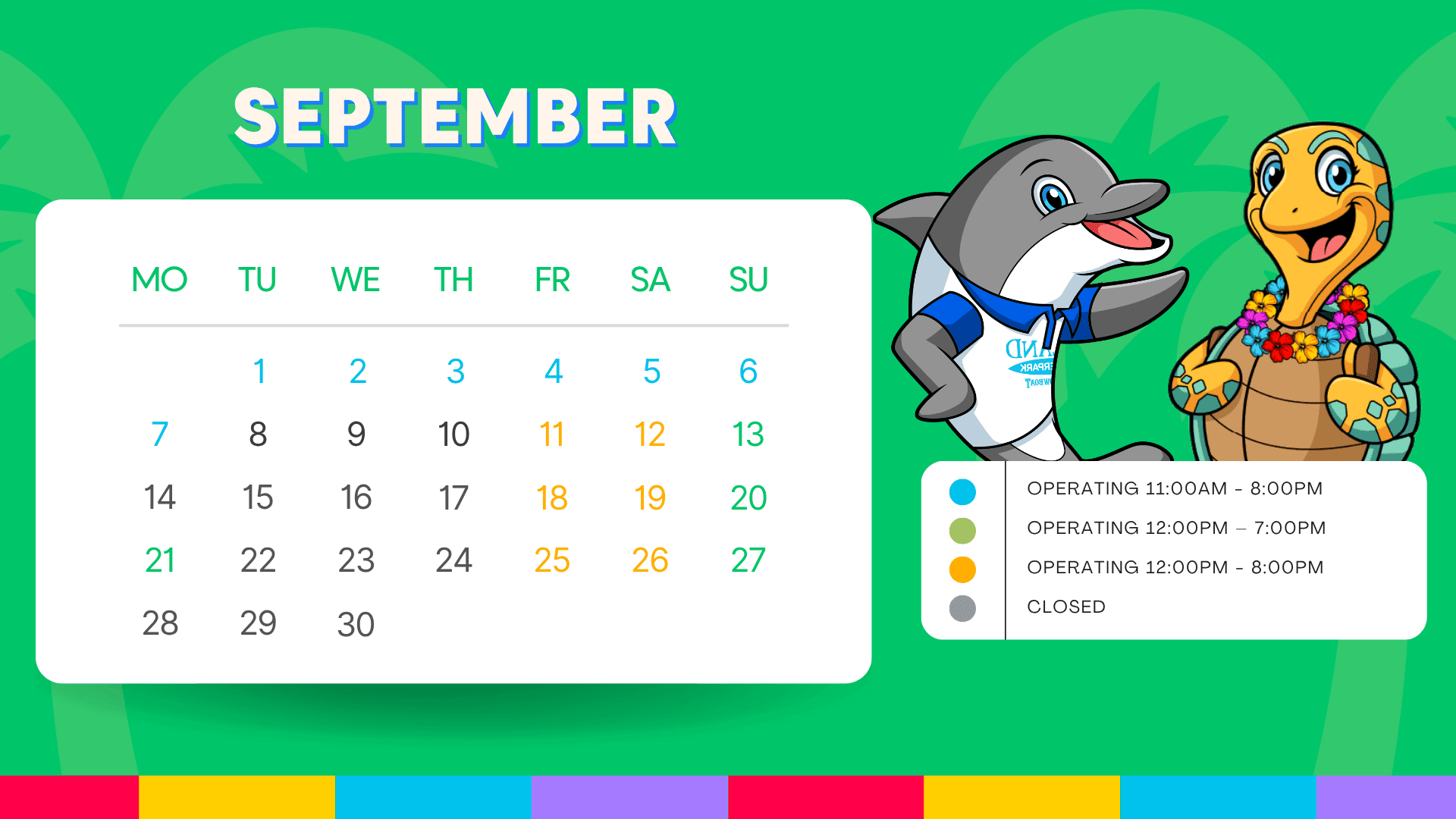 September calendar with cartoon dolphin and turtle mascots showing operating hours at Island Waterpark at Showboat