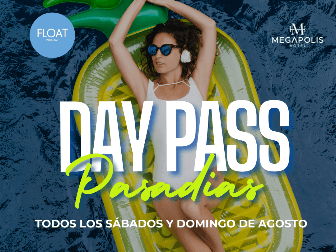 Mujer en flotador promocionando Day Pass Pasadias en hotel Megapolis.