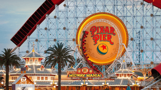 Pixar Pier sign by a coaster near Anaheim Portofino Inn, a hotel in Anaheim with shuttle to Disneyland resort