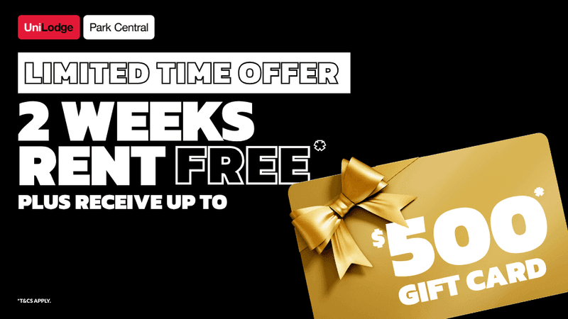 Limited time offer featuring 2 weeks rent free plus up to a $500 gift card with gold bow on black background.