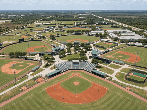 Aerial view of baseball diamonds surrounding a central stadium with grandstands and trees near Star Suites Vero Beach