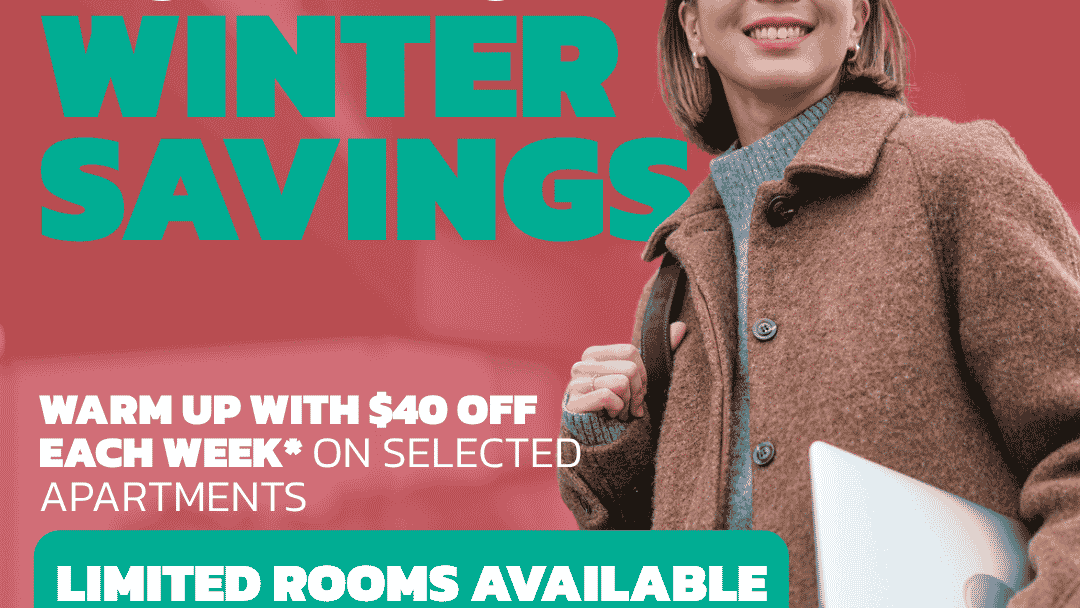 Smiling student in brown coat holding coffee cup with winter savings promotion for Student Living - City West