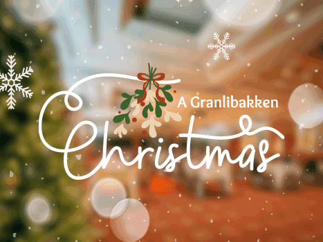 Photo of Mountain Ballroom decorated for Christmas with text overlay: A Granlibakken Christmas