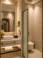 Deluxe Room bathroom vanity with gold faucet next to frosted glass partition wall at Naviti by Warwick Jeddah