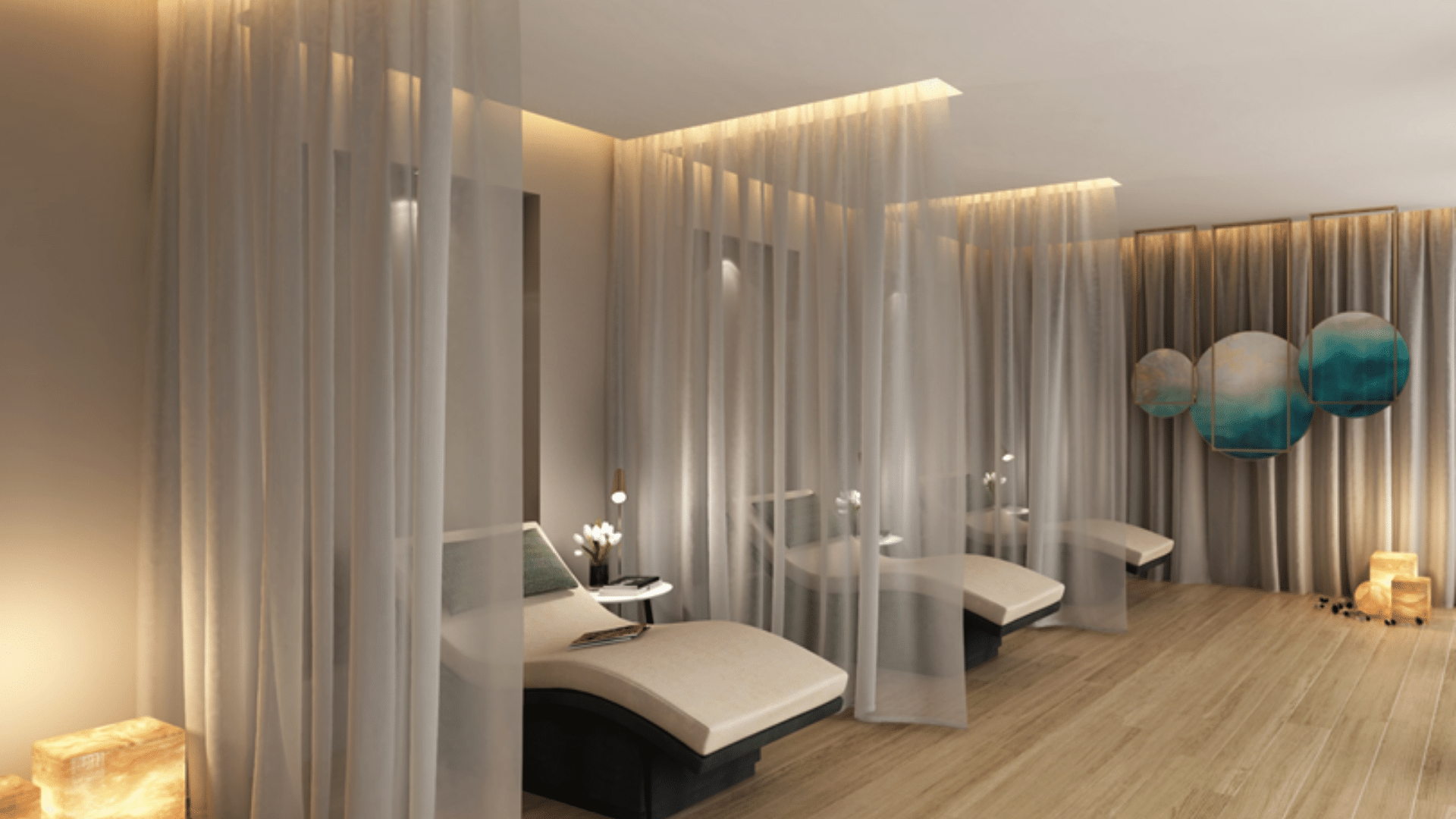 Relaxing foot massage area with comfortable reclining chairs and sheer curtains for privacy at Paramount Hotel Midtown spa