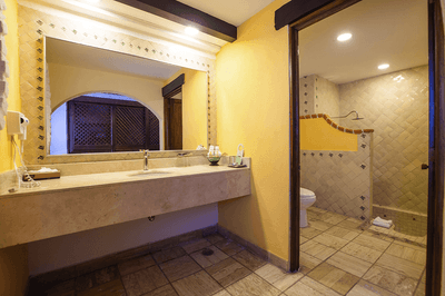 A bathroom with a vanity, mirror, toilet, and shower visible through an open door.