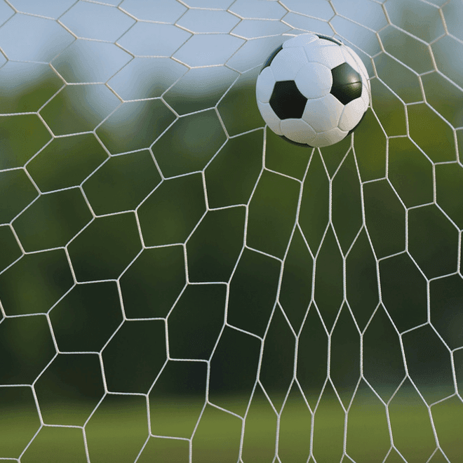 A soccer ball caught in the white netting of a goal with a blurred green field in the background.
