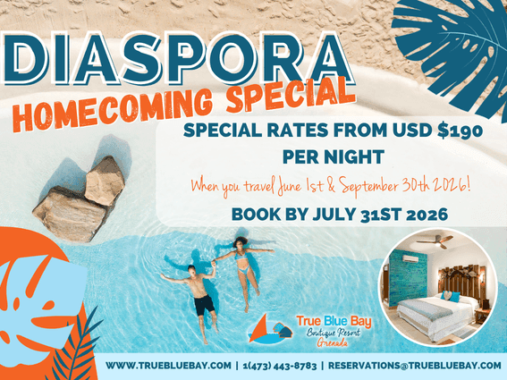Promotional banner for Diaspora Homecoming Special featuring pool scene, beach elements, and room preview with special rates.