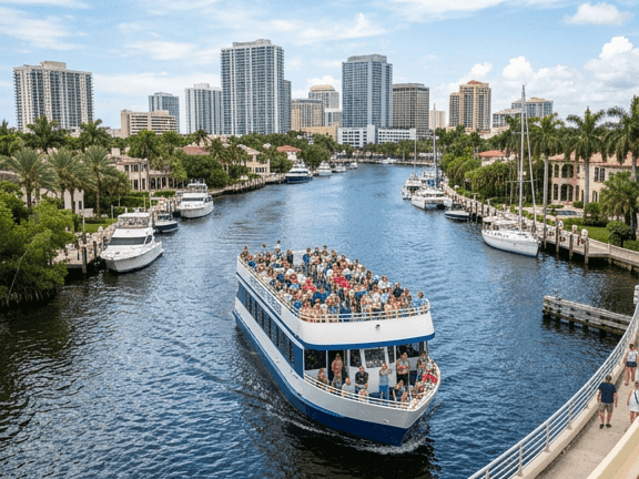 Riverfront Cruises sightseeing tour boat carrying passengers along a sunny river channel near The Atlantic Hotel & Spa
