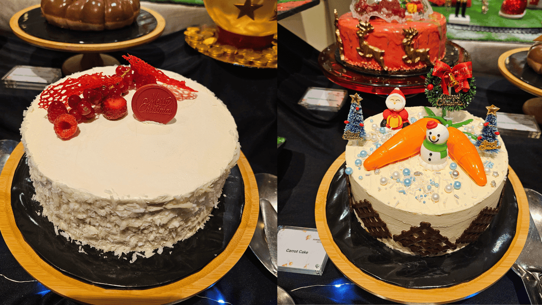Two decorated cakes on stands for Christmas at Sunway Putra Hotel