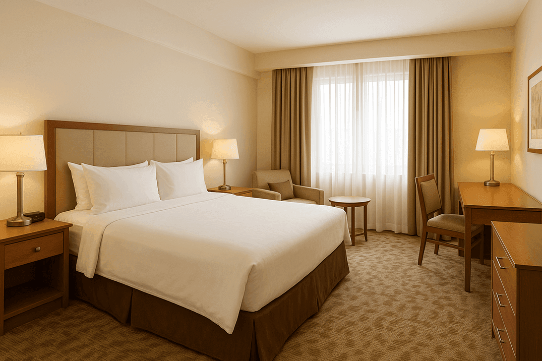 Elegant hotel room with a large bed, two chairs, and a desk at Web Support - Essentials Test Site