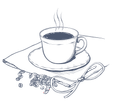Illustration of a coffee cup with steam rising and coffee beans at Warwick Allerton Chicago
