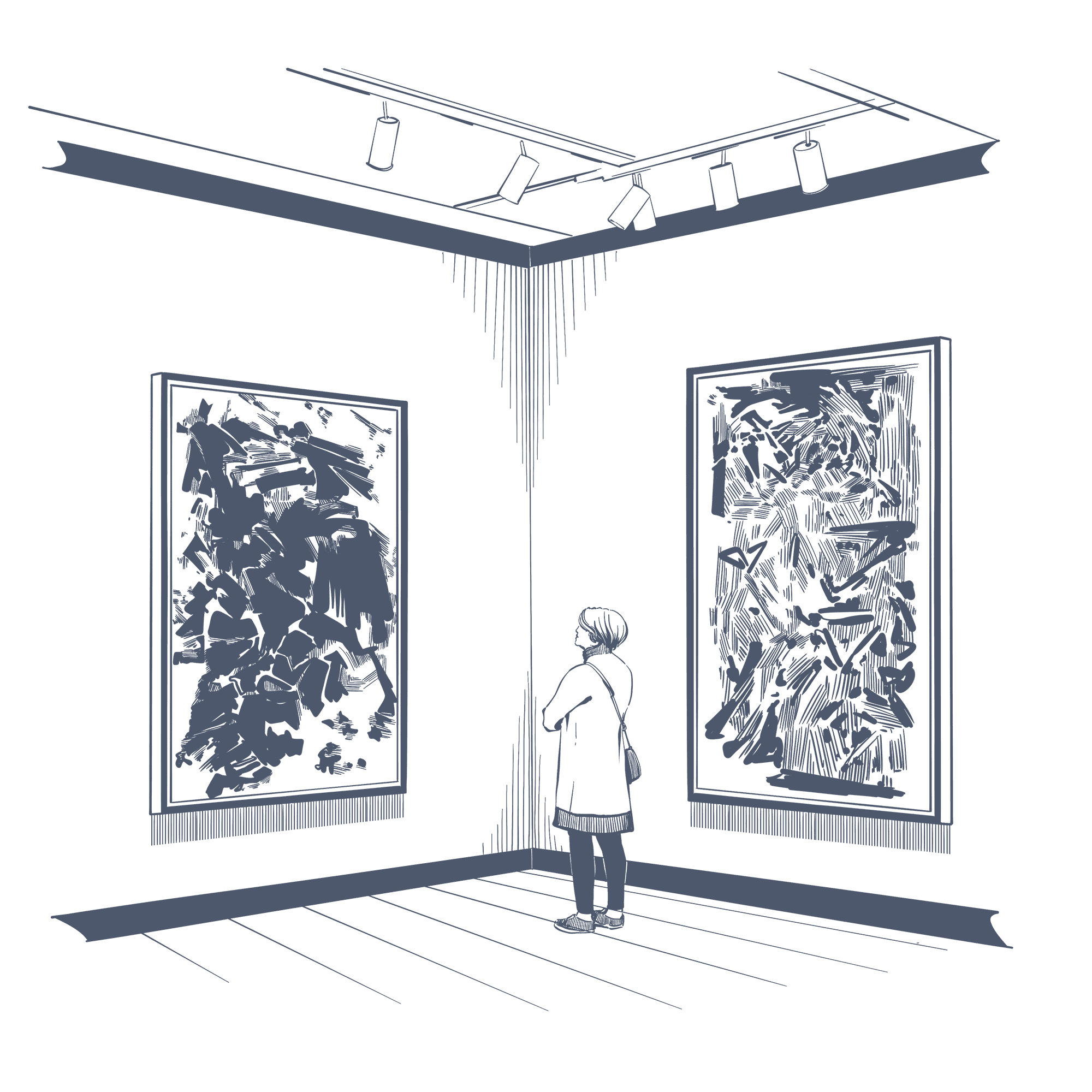 Illustration of a person viewing abstract art in a quiet gallery near Warwick New York