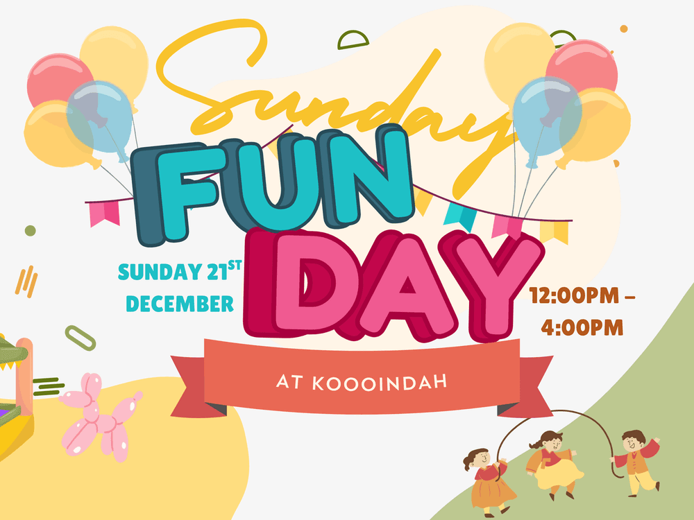 Poster for Sunday Fun Day at Kooonida, featuring balloons, a bouncy house, and children playing.