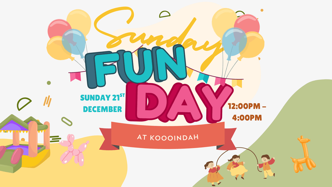 Poster for Sunday Fun Day at Kooonida, featuring balloons, a bouncy house, and children playing.