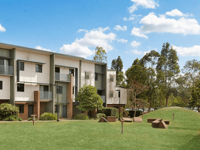Modern three-story apartment buildings with balconies surrounded by green lawn and mature trees under a blue sky.