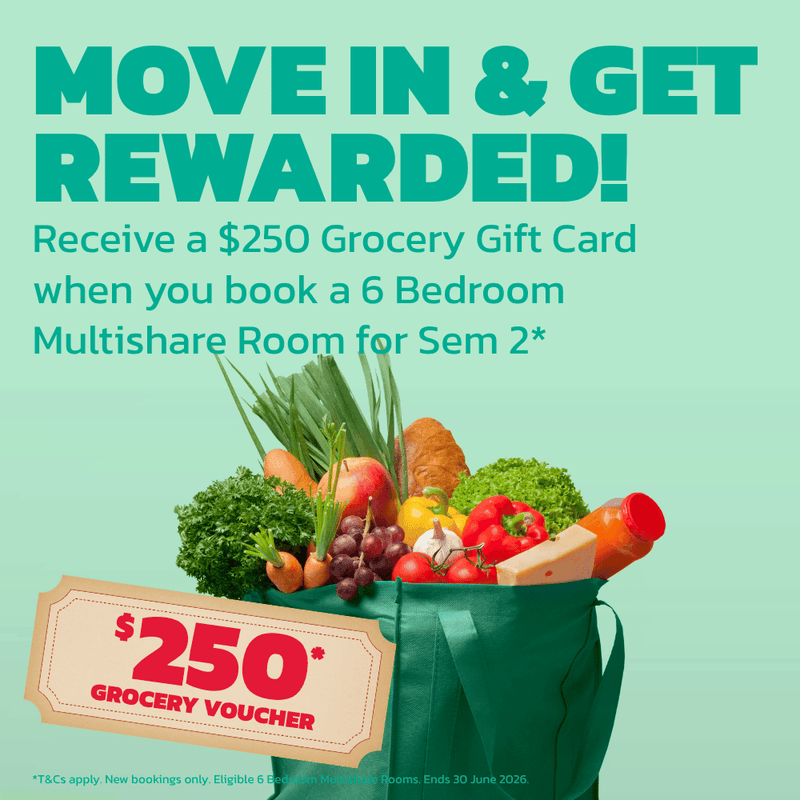 Promotional image showing a reusable shopping bag filled with fresh groceries and a $250 voucher for UniLodge South Bank.