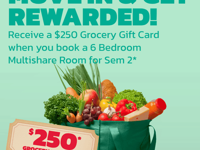 Promotional image showing a reusable shopping bag filled with fresh groceries and a $250 voucher for UniLodge South Bank.