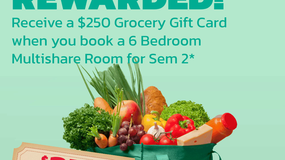 Promotional image showing a reusable shopping bag filled with fresh groceries and a $250 voucher for UniLodge South Bank.